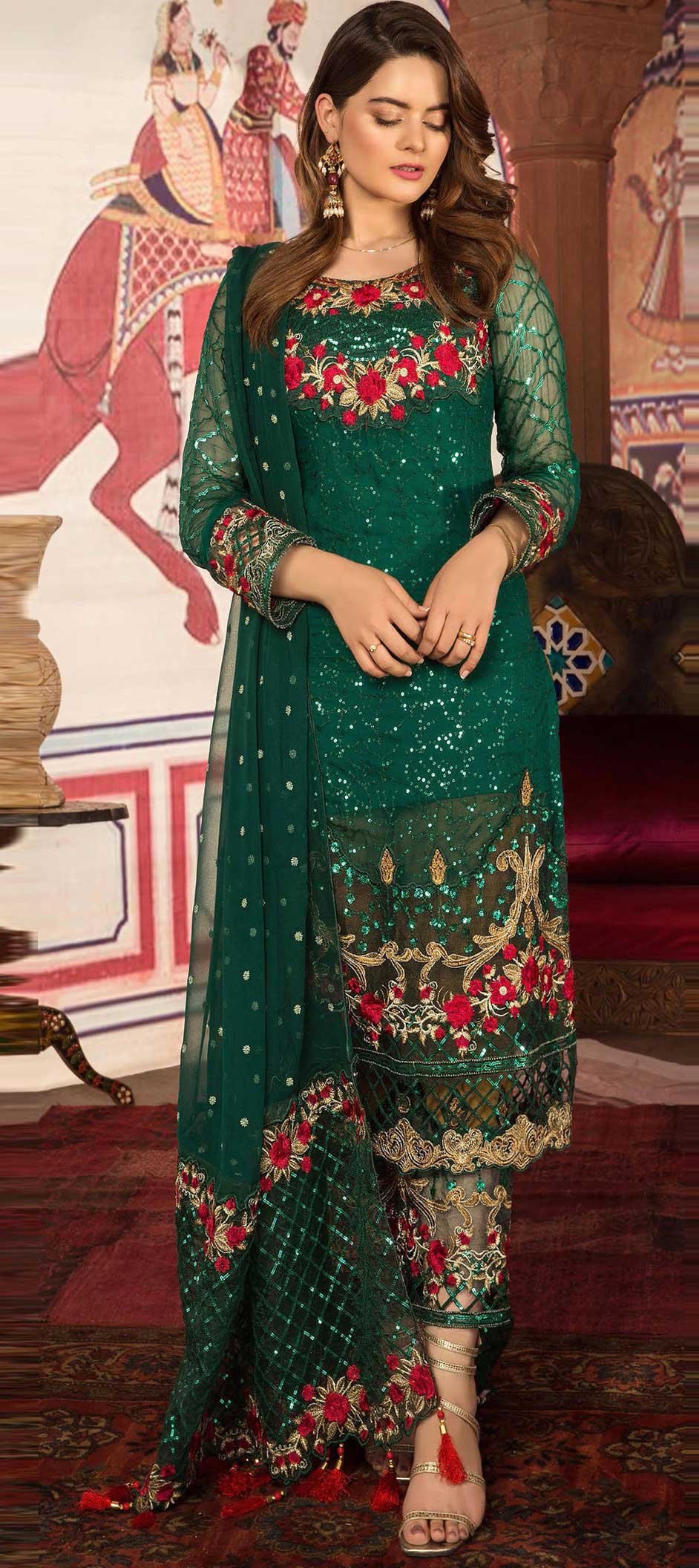 Multi Thread Mustard Yellow Georgette Party Wear Salwar Kameez