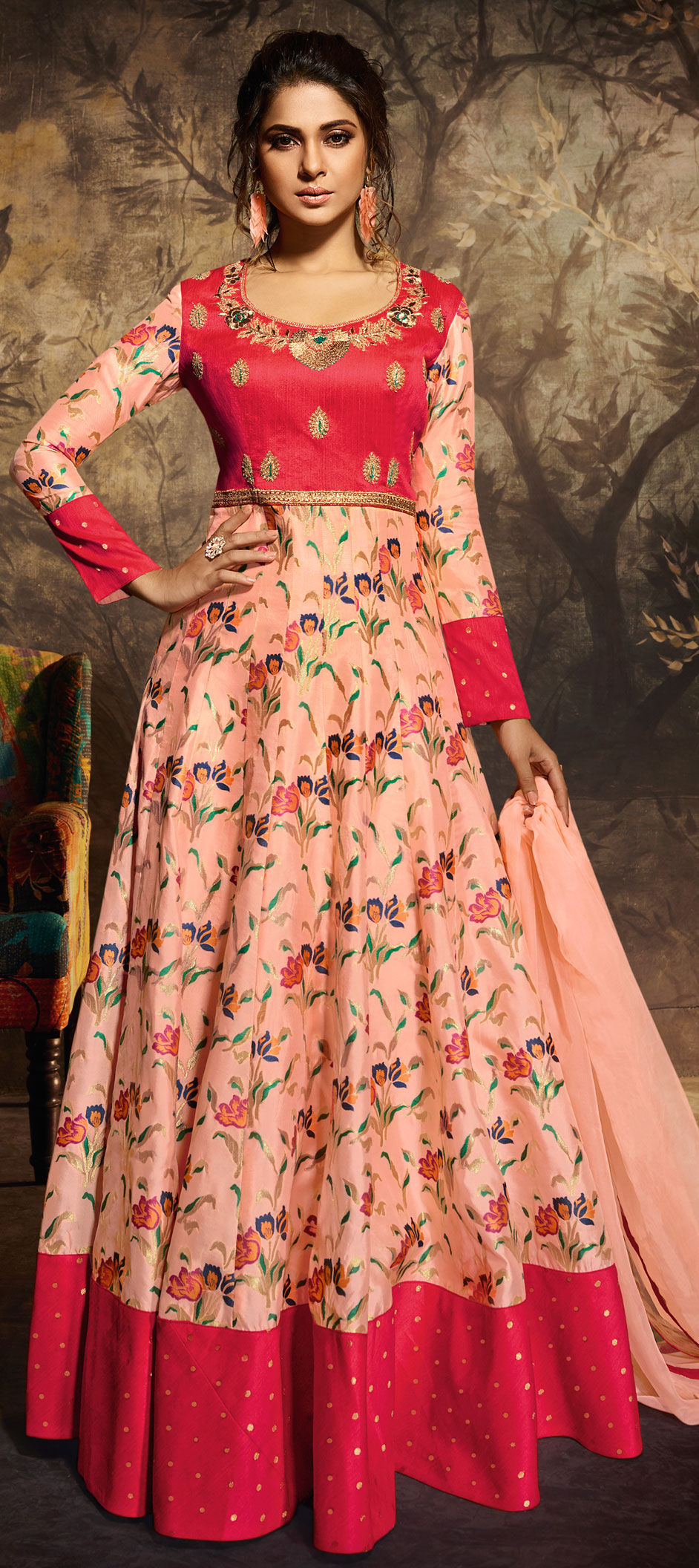 Pista Green Chaderi Silk Party Wear Gown - 113351 main image 1