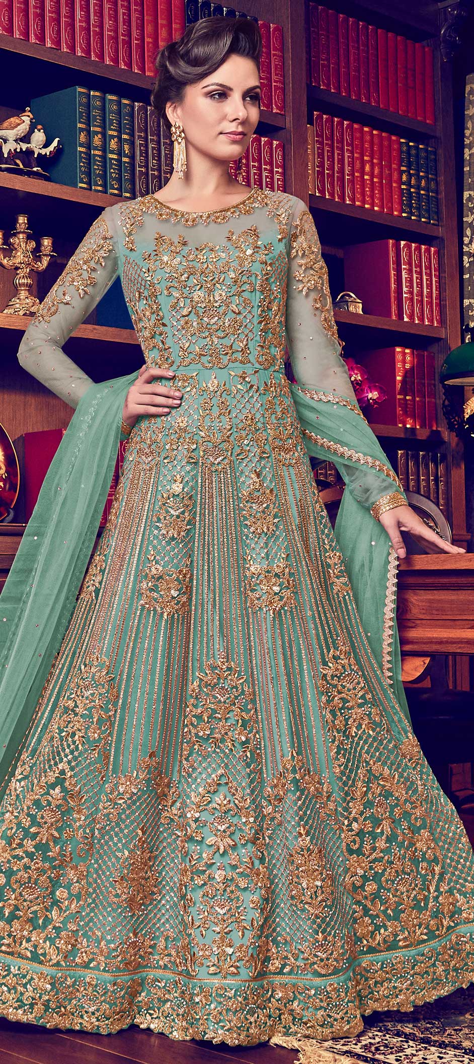 Dark Green Wedding Wear Net Slit Style Salwar Suit
