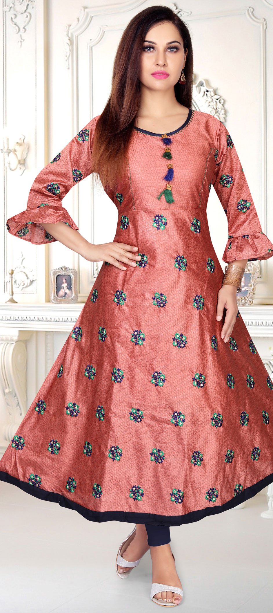 Casual Orange color Chanderi Silk fabric Kurti 1583950