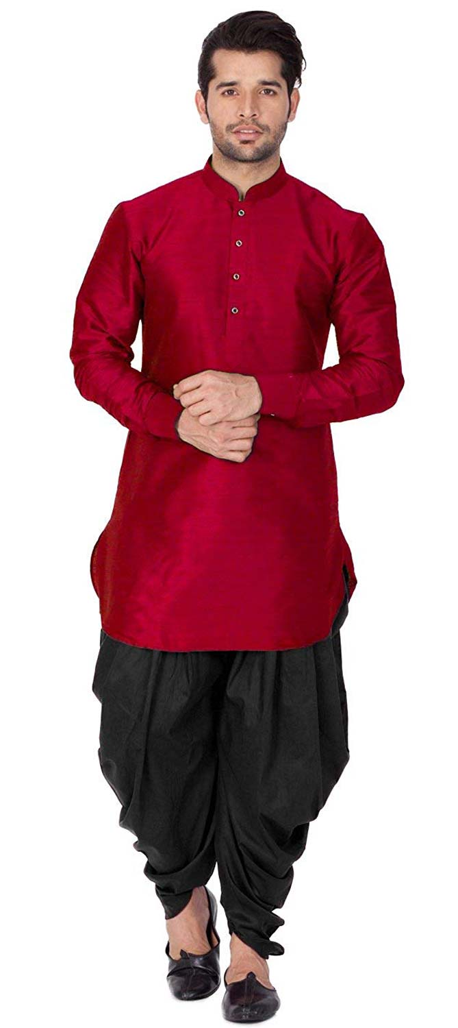 Devyom Men's Regular Fit Silk Blend Dhoti Kurta Set (Blue), Red -, 42