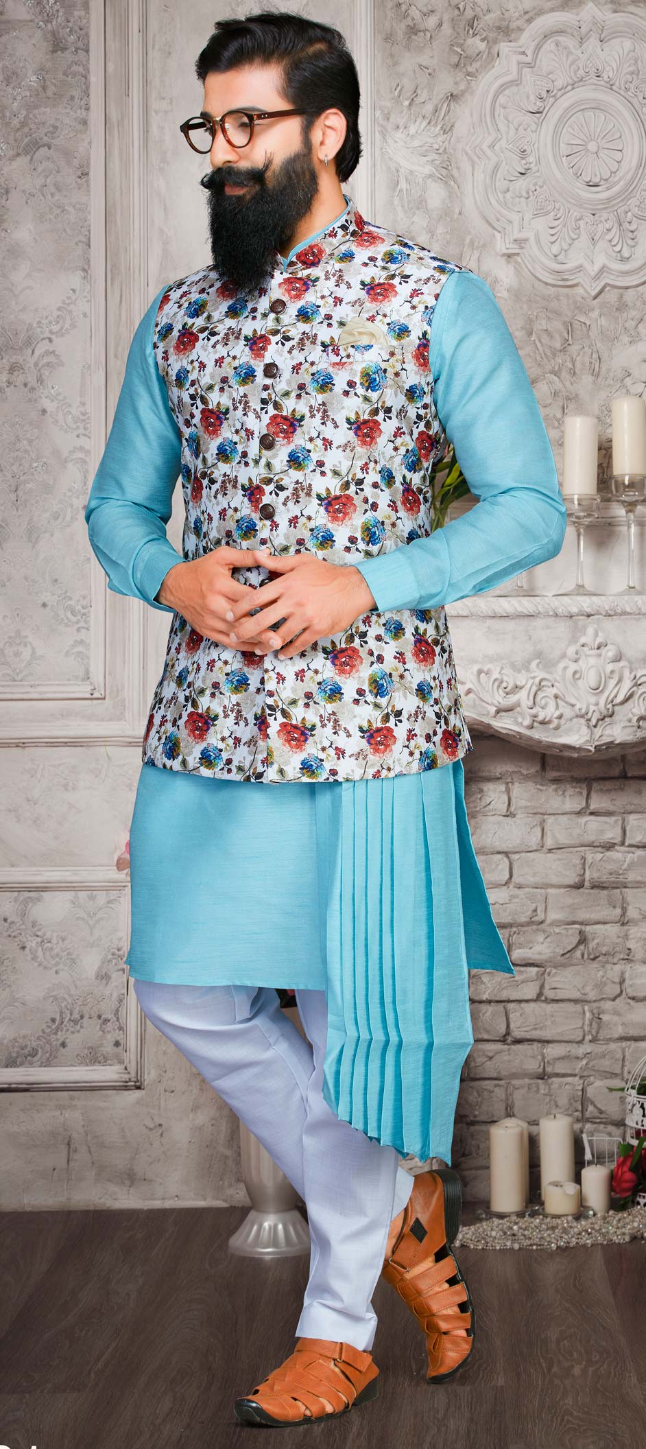 Embroidered Silk Blue Kurta and Pyjama main image 0