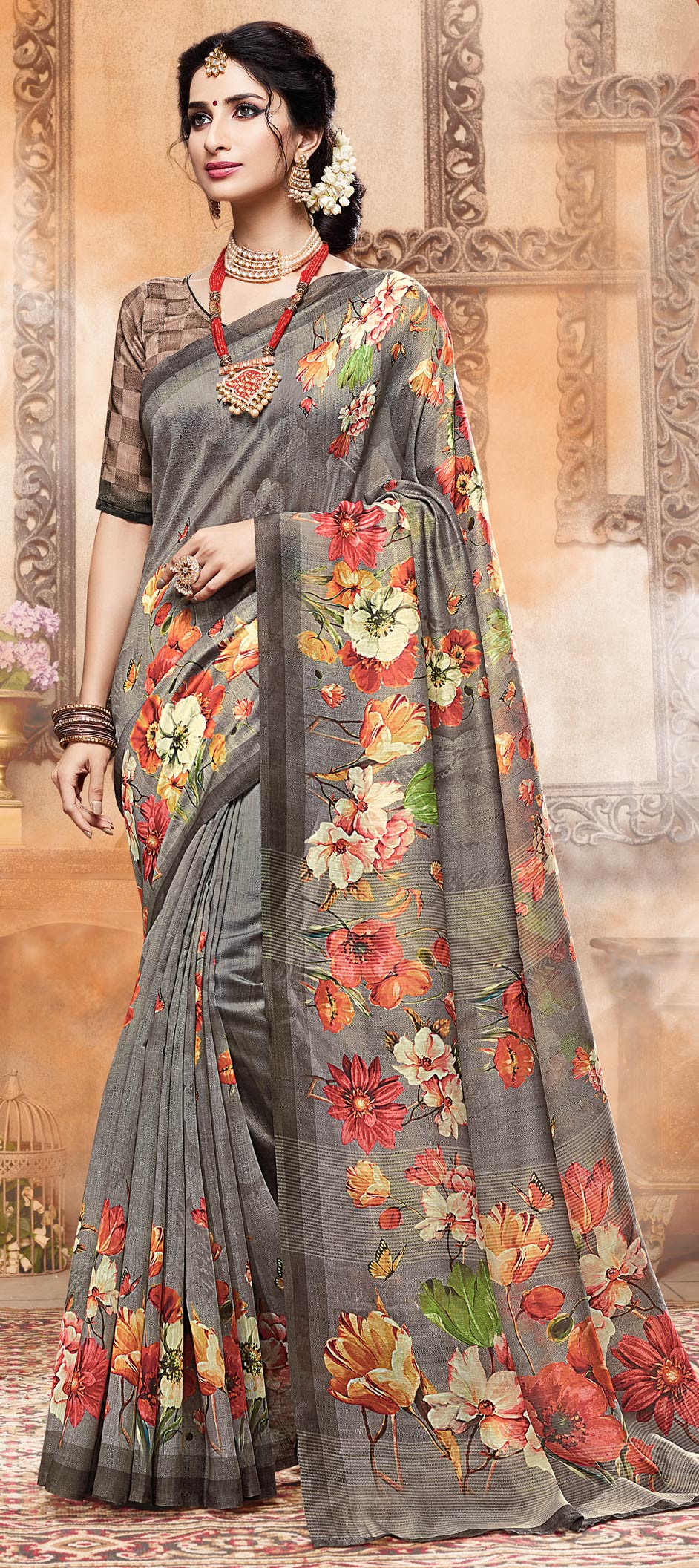 Traditional Black and Grey color Art Silk, Silk fabric Saree : 1585466