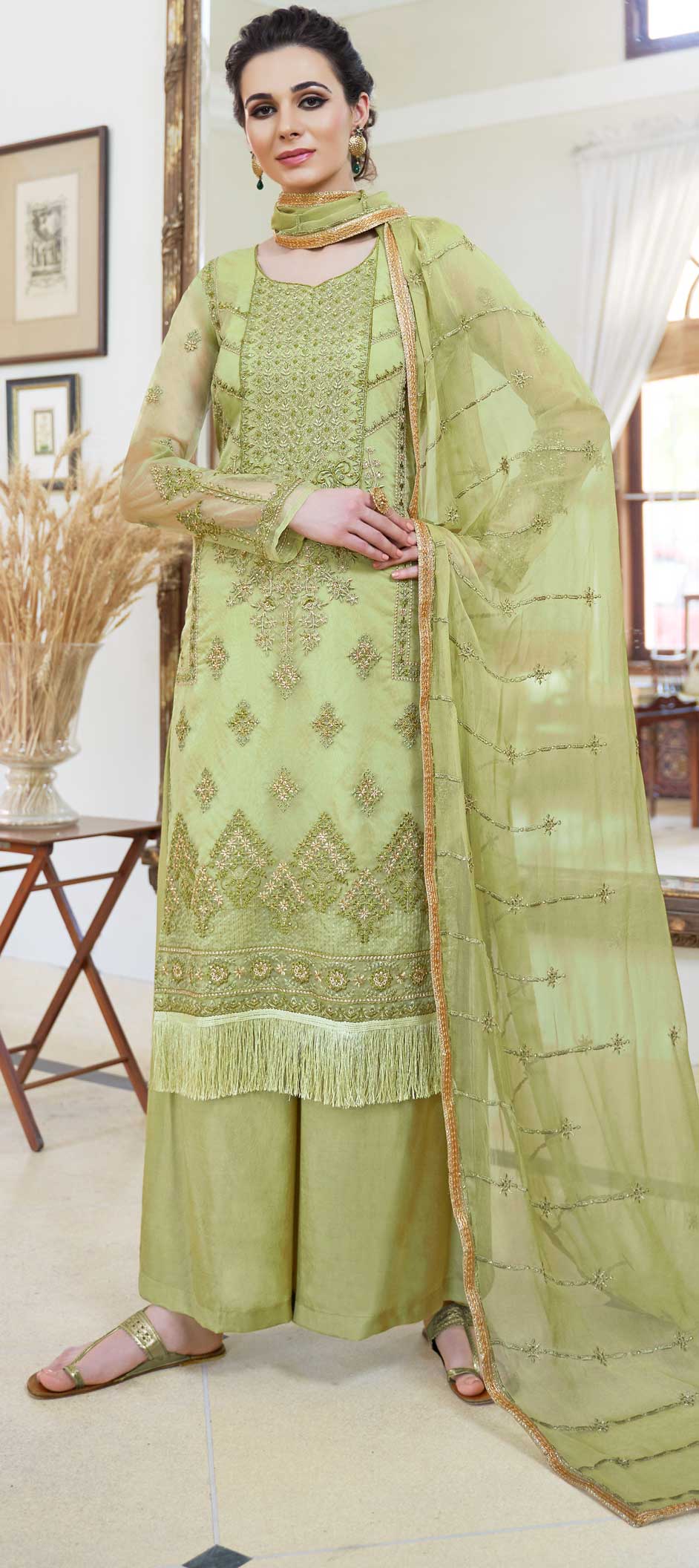 Festive Organza Green Embroidered Salwar Kameez