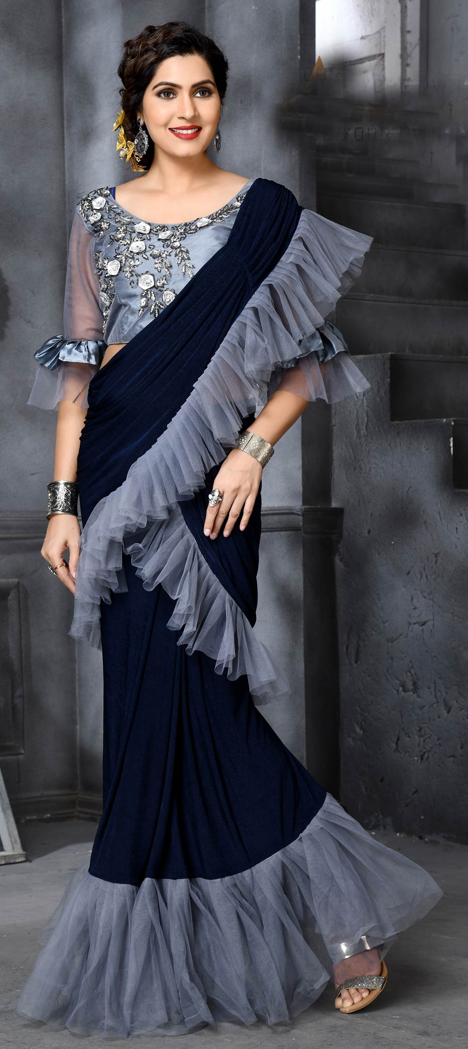 Engagement, Mehendi Sangeet, Reception Blue color Readymade Saree in Lycra fabric with Classic, Ruffle Thread work : 1587118