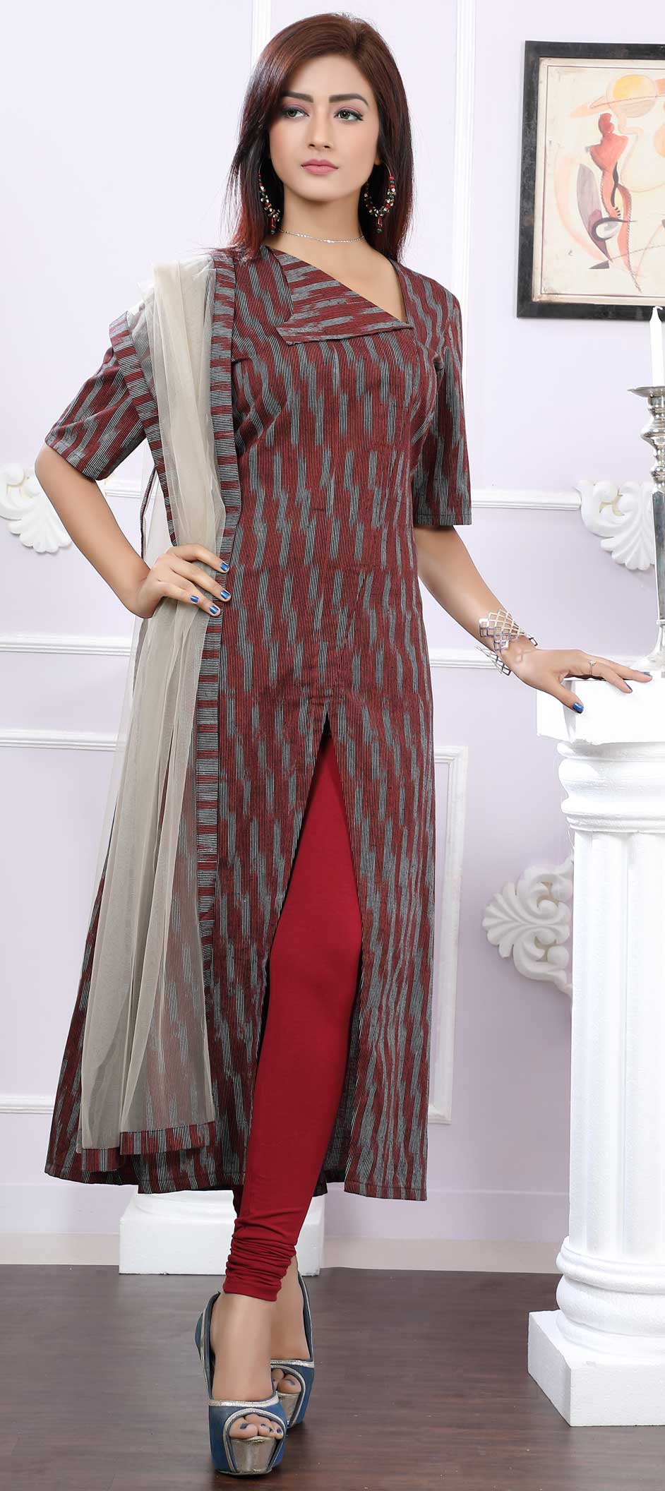 Party Wear Red And Maroon Color Cotton Fabric Salwar Kameez