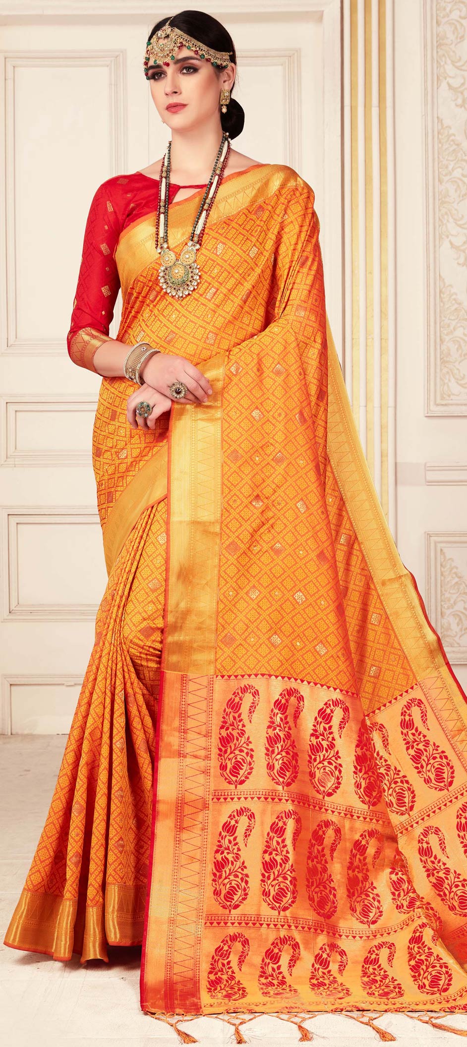 Traditional Orange color Kanjeevaram Silk, Silk fabric Saree 1587872