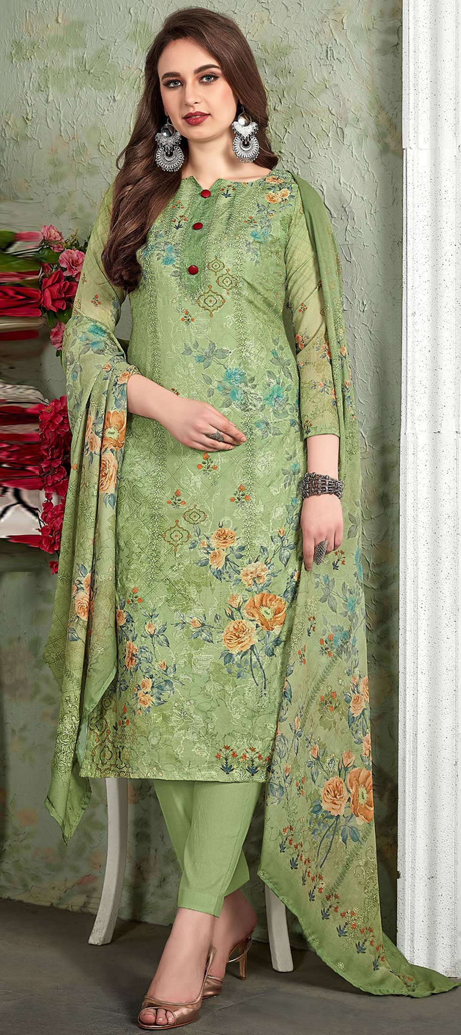 Green & Mustard Muslin Festive Style Salwar Suit main image 1