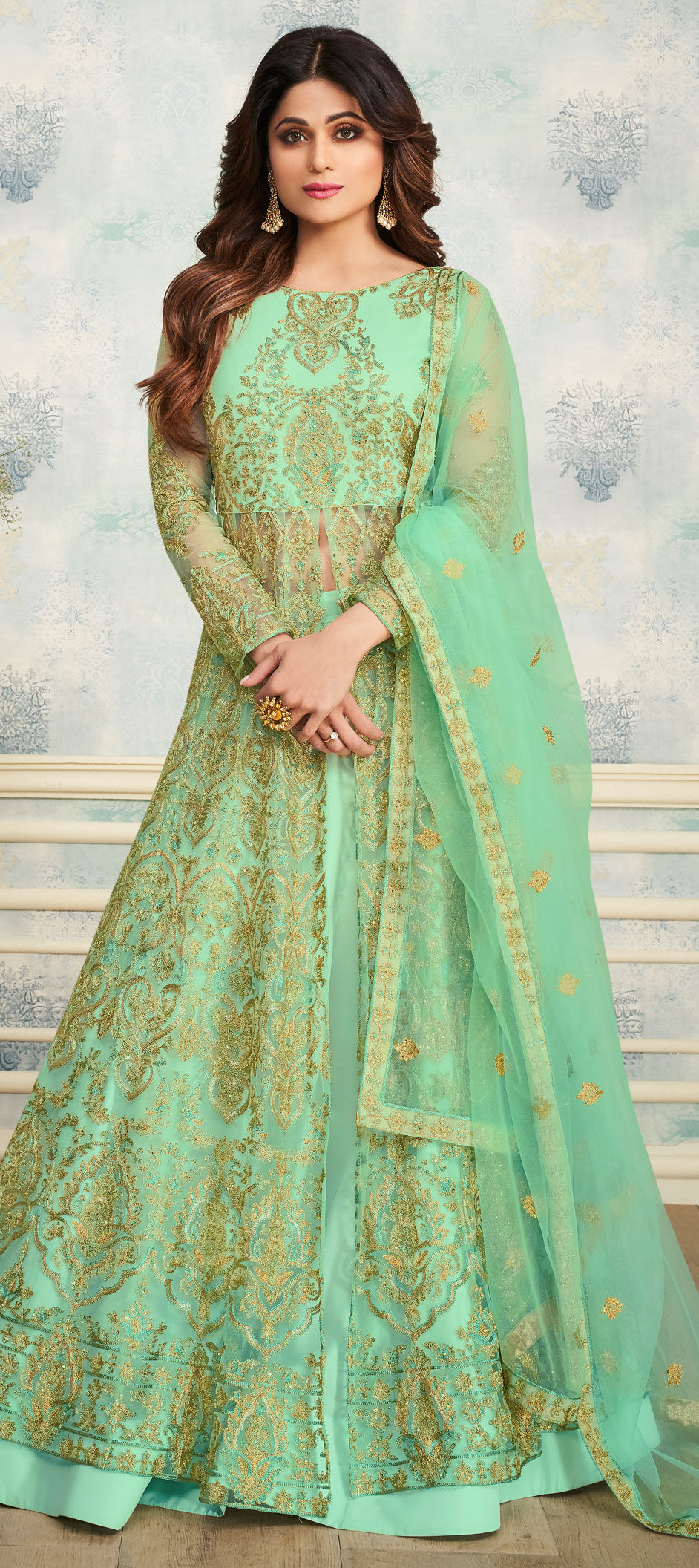 Bollywood Green color Net fabric Long Lehenga Choli 1590462