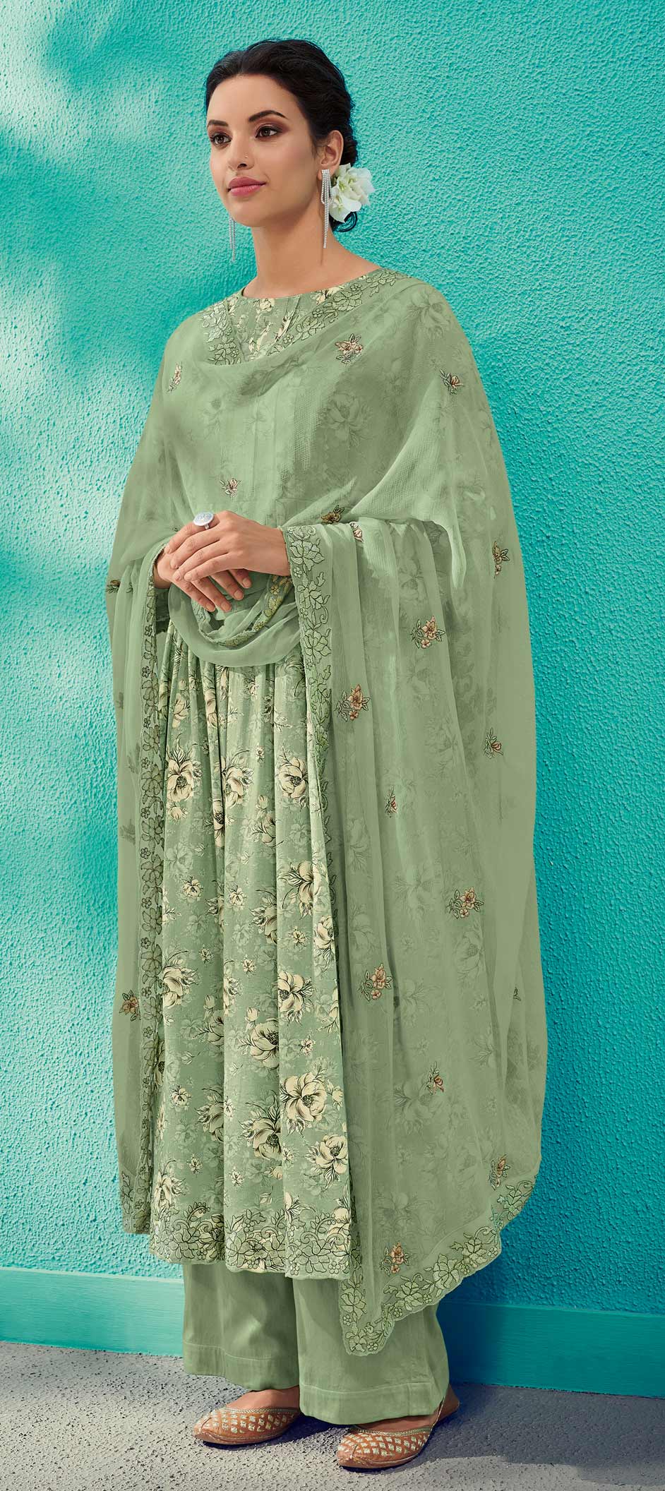 Party Wear Green color Cotton fabric Salwar Kameez 1590582