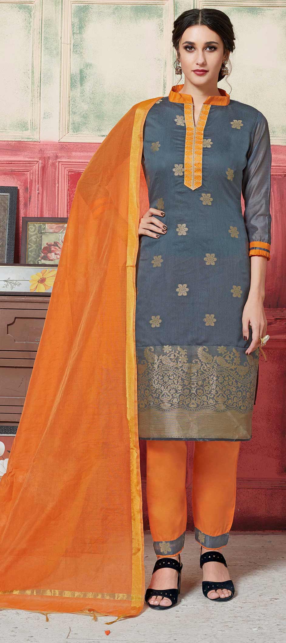 Party Wear Black and Grey color Art Silk fabric Salwar Kameez 1590711