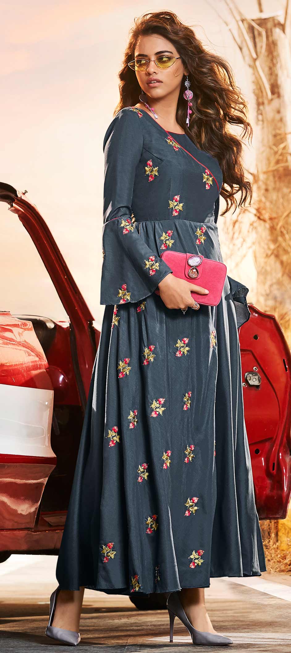 Bollywood Black and Grey color Muslin fabric Gown 1590725