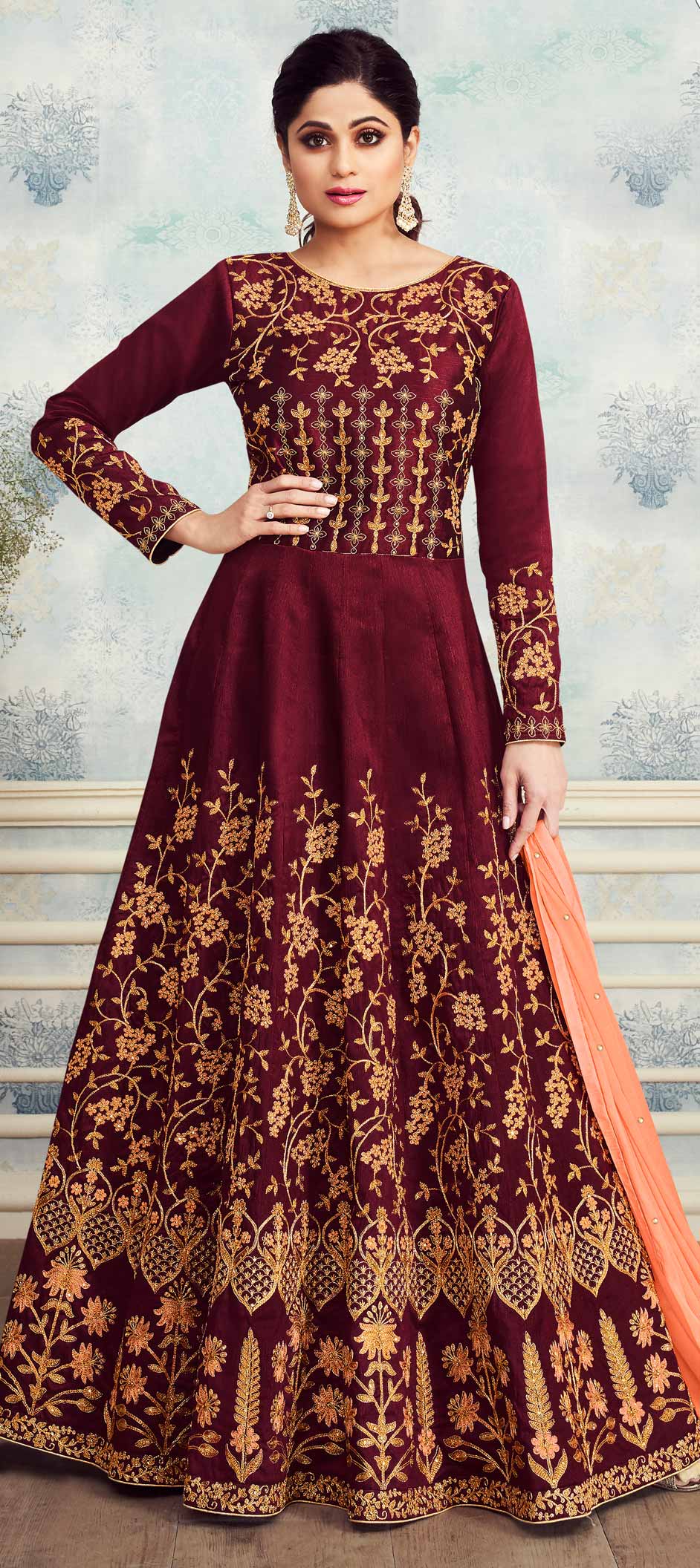 Myror Embroidered Chinon Silk Salwar Kameez with Dupatta, Red and Purple