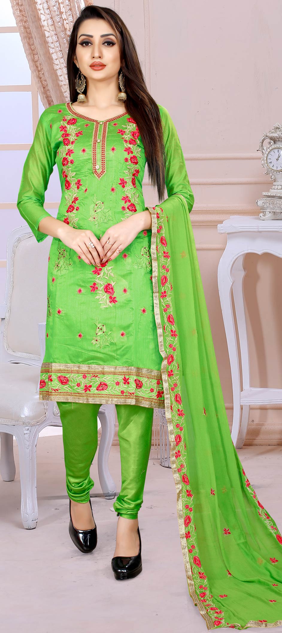 Casual, Party Wear Green color Chanderi Silk fabric Salwar