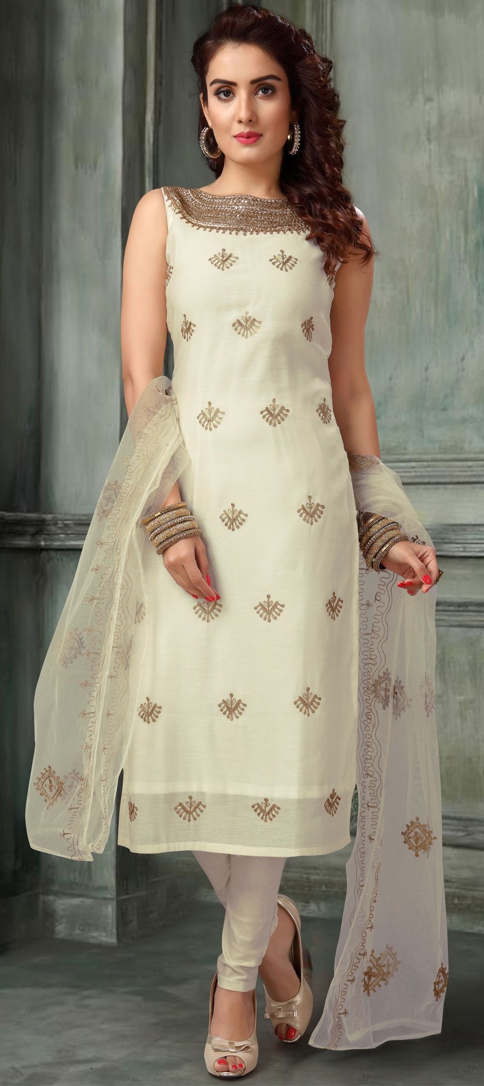 Party Wear White and Off White color Chanderi Silk fabric Salwar Kameez : 1593837