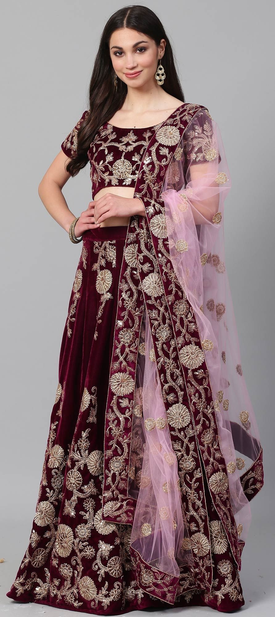 Bridal, Wedding Purple and Violet color Velvet fabric Lehenga : 1594620