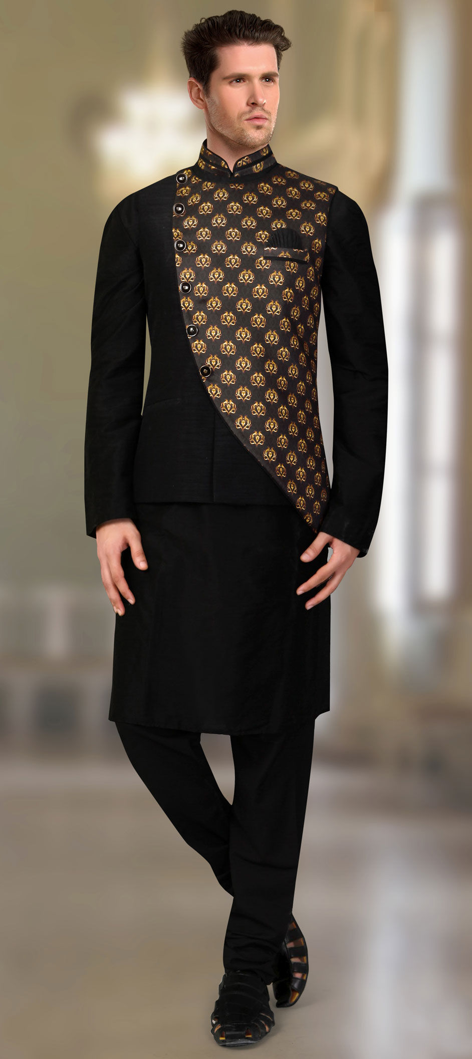 Black Kurta Pajama With Jacket