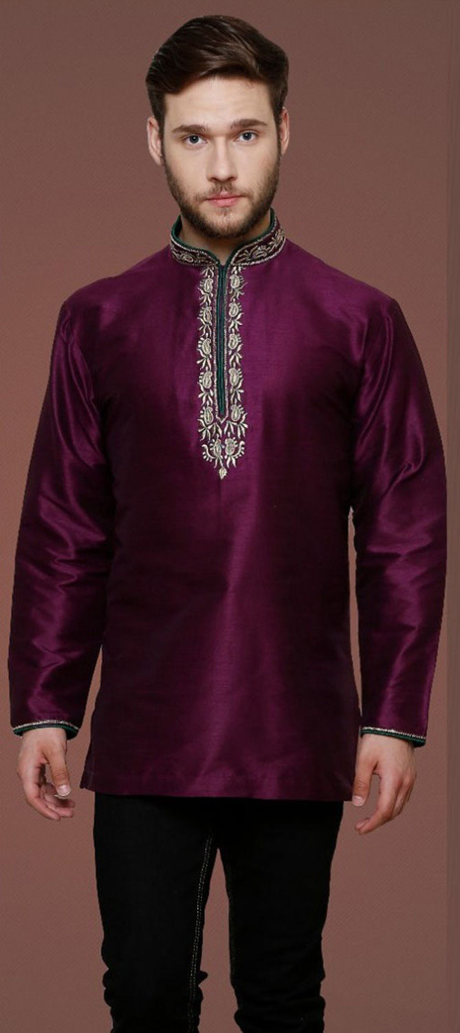 Bright Fuchsia Red Asymmetric Dupion Silk Ombre Kurta