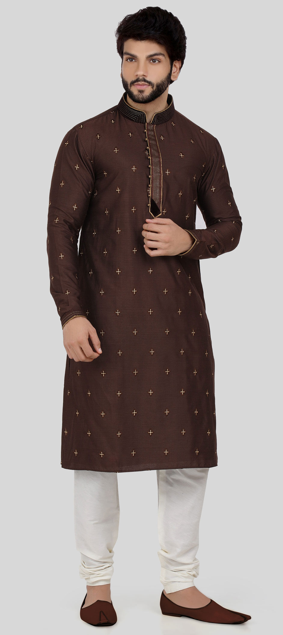 Beige & Brown Printed Half Sleeve Cotton Kurta main image 1