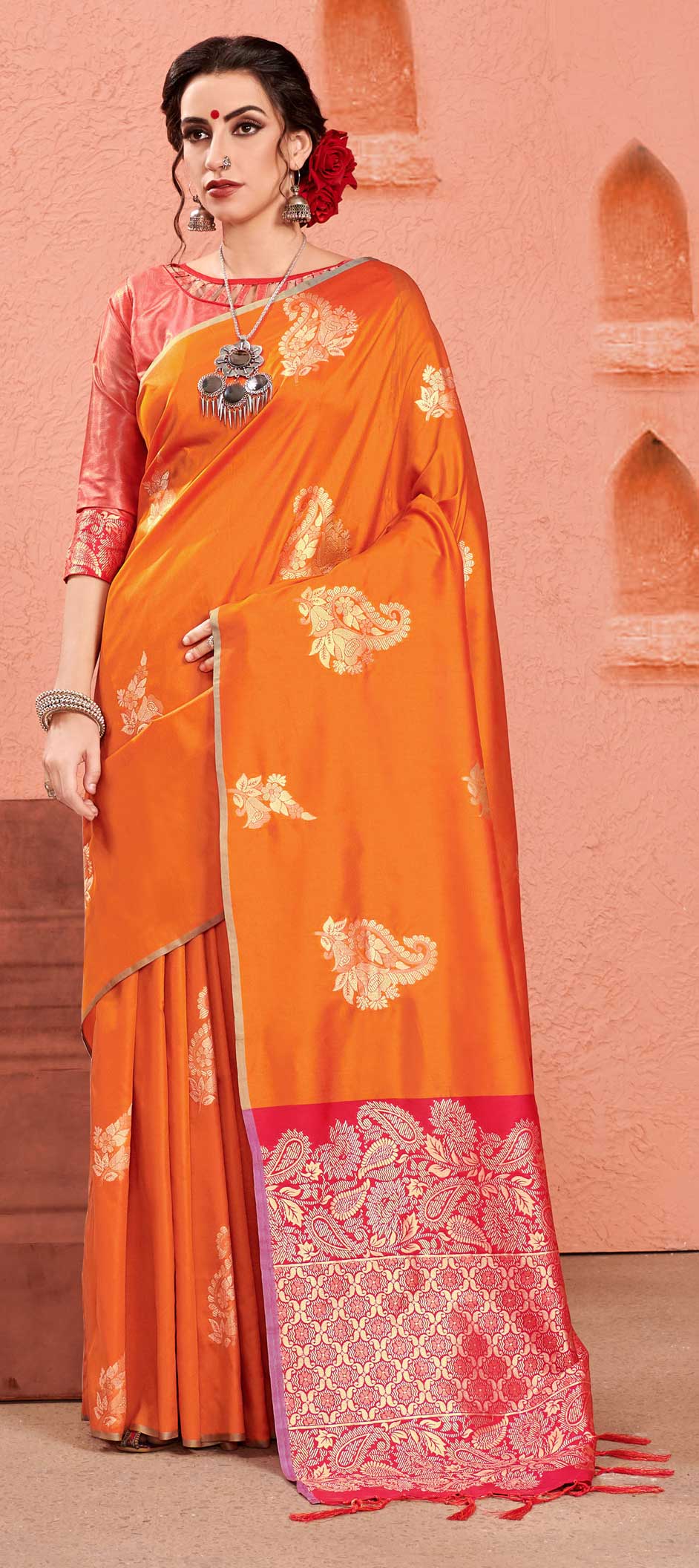 Traditional Orange color Kanjeevaram Silk, Silk fabric Saree 1595350