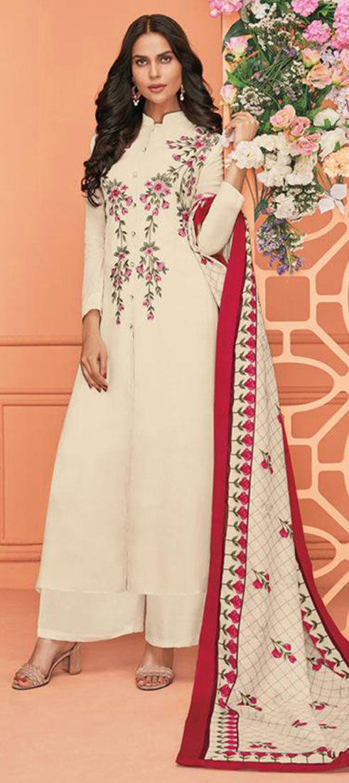 Off White Pure Muslin Resham Embroidered Salwar Suit