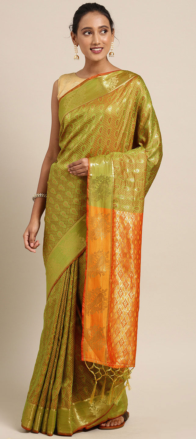 Reception, Traditional Green, Orange color Kanjeevaram Silk, Silk