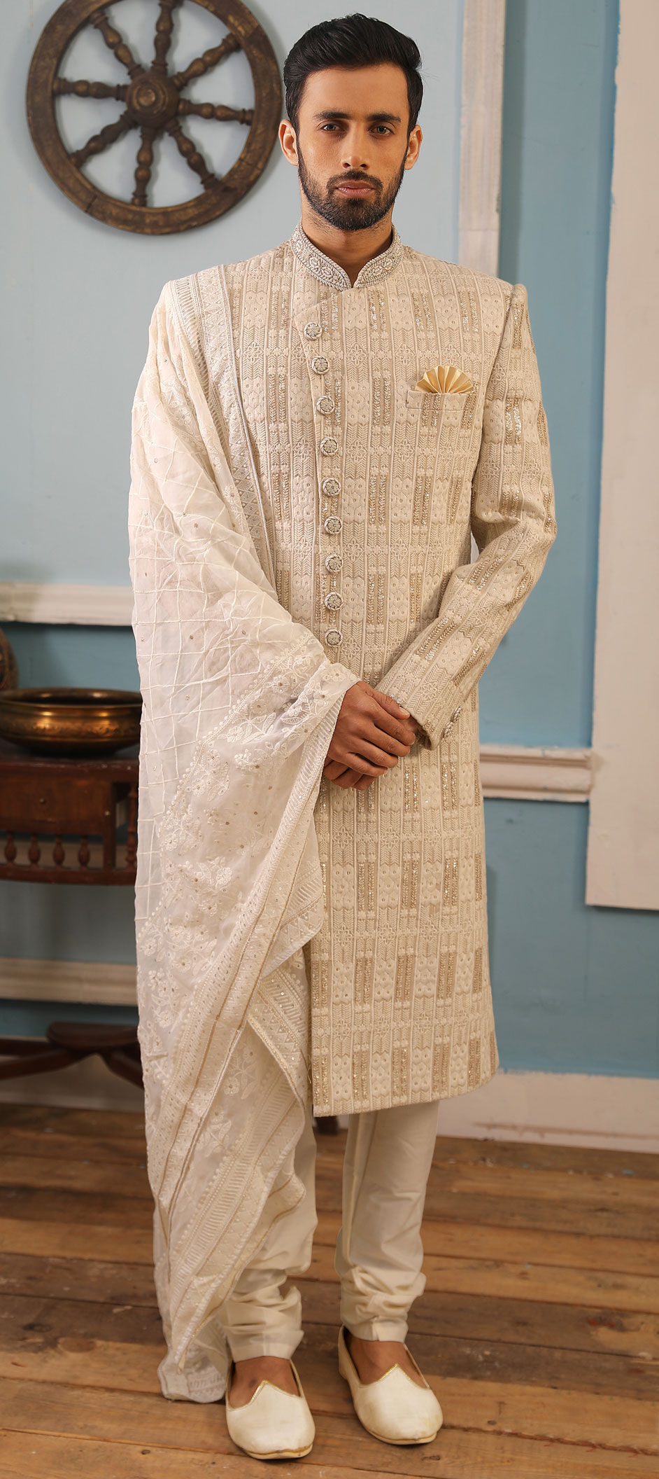 Beige and Brown color Banarasi Silk fabric Sherwani : 1598684