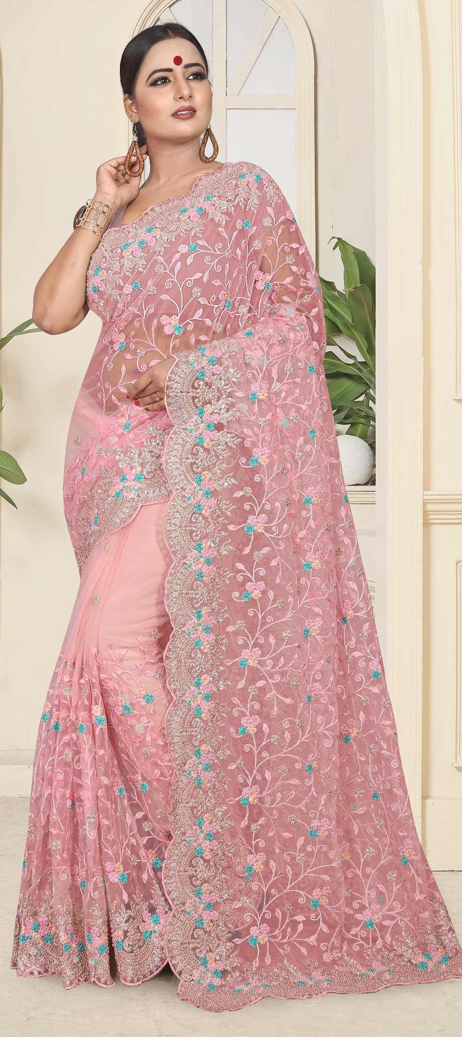 Pink Organza Border Trendy Saree for Engagement