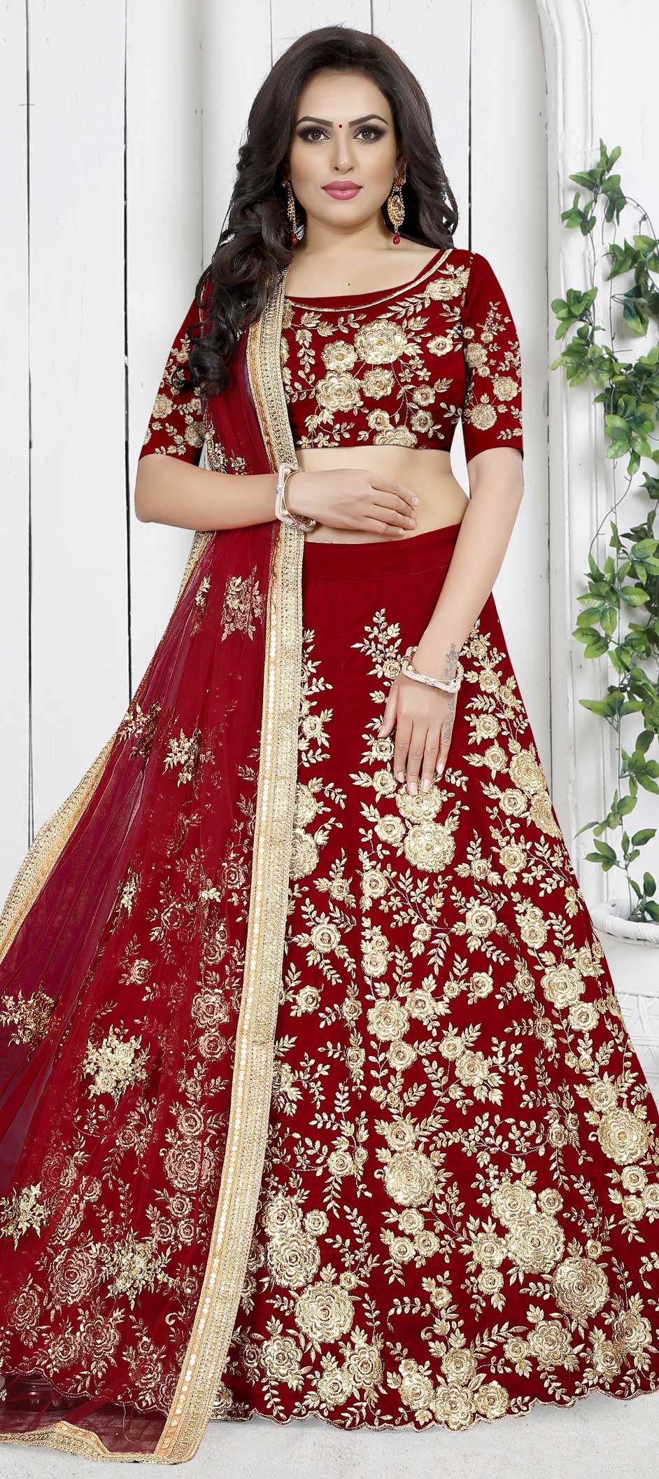 Bridal, Wedding Red and Maroon color Velvet fabric Lehenga : 1599912