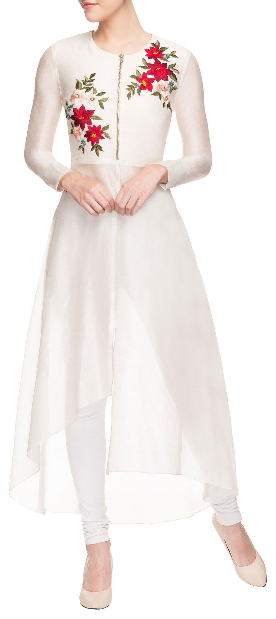 Party Wear White and Off White color Chanderi Silk fabric Kurti