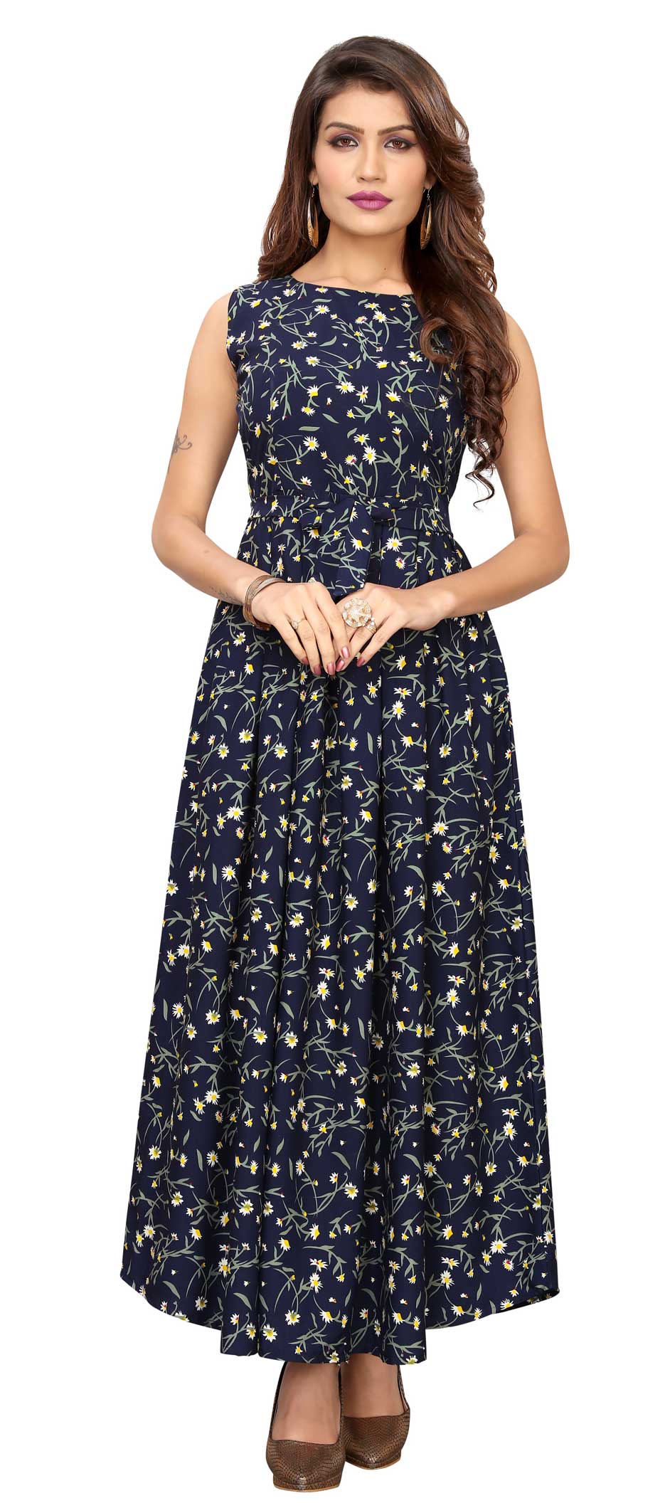 Crepe Silk Navy Blue Floral Print Gowns - RENT main image 0