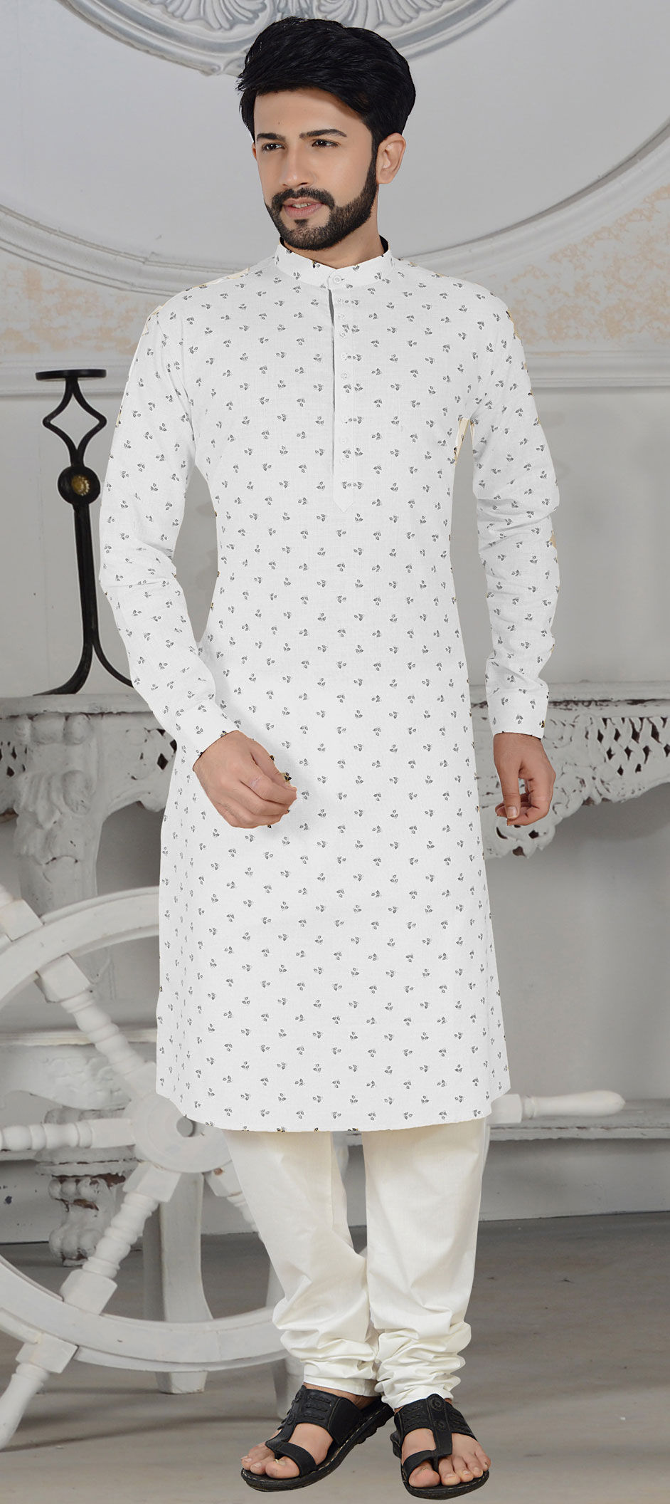 White and Off White color Cotton, Linen fabric Kurta Pyjamas : 1602264