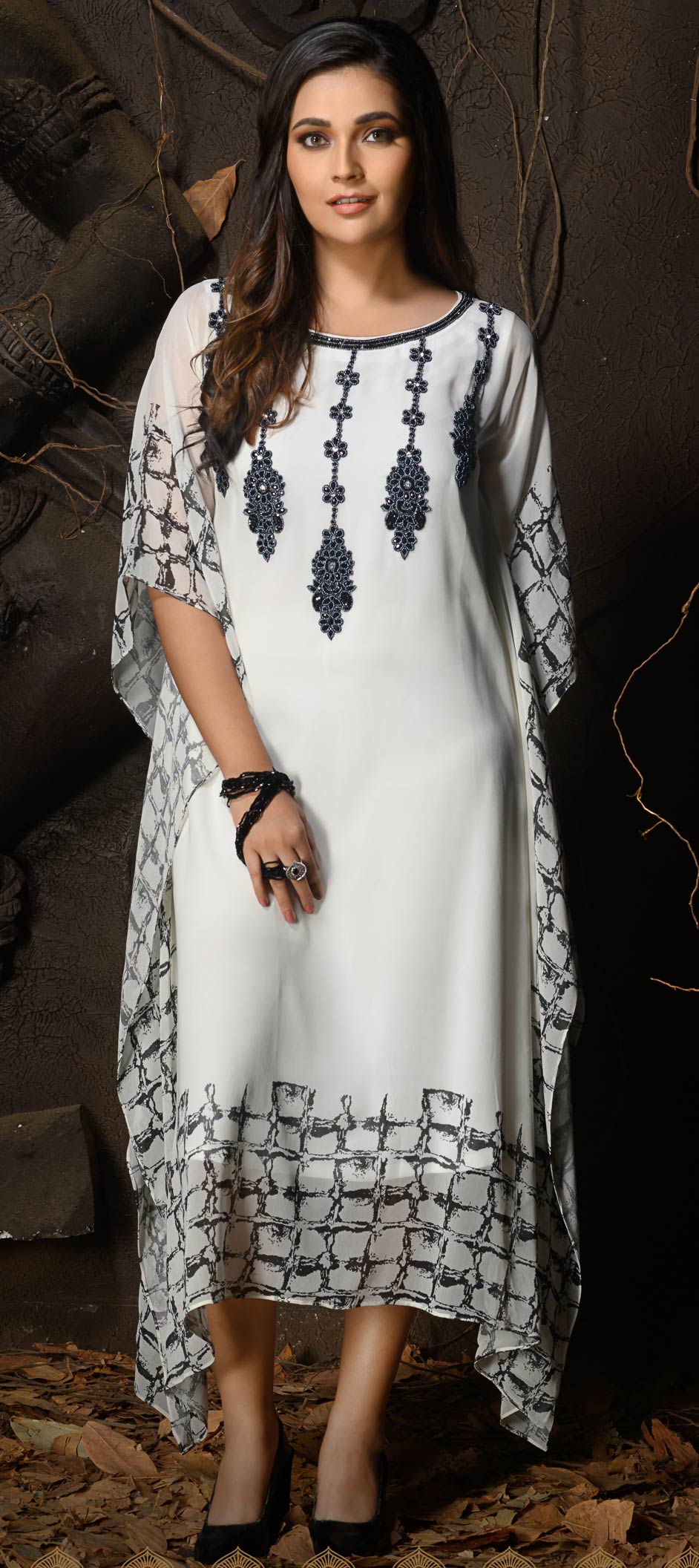 White Red Printed Georgette Kaftan Dress