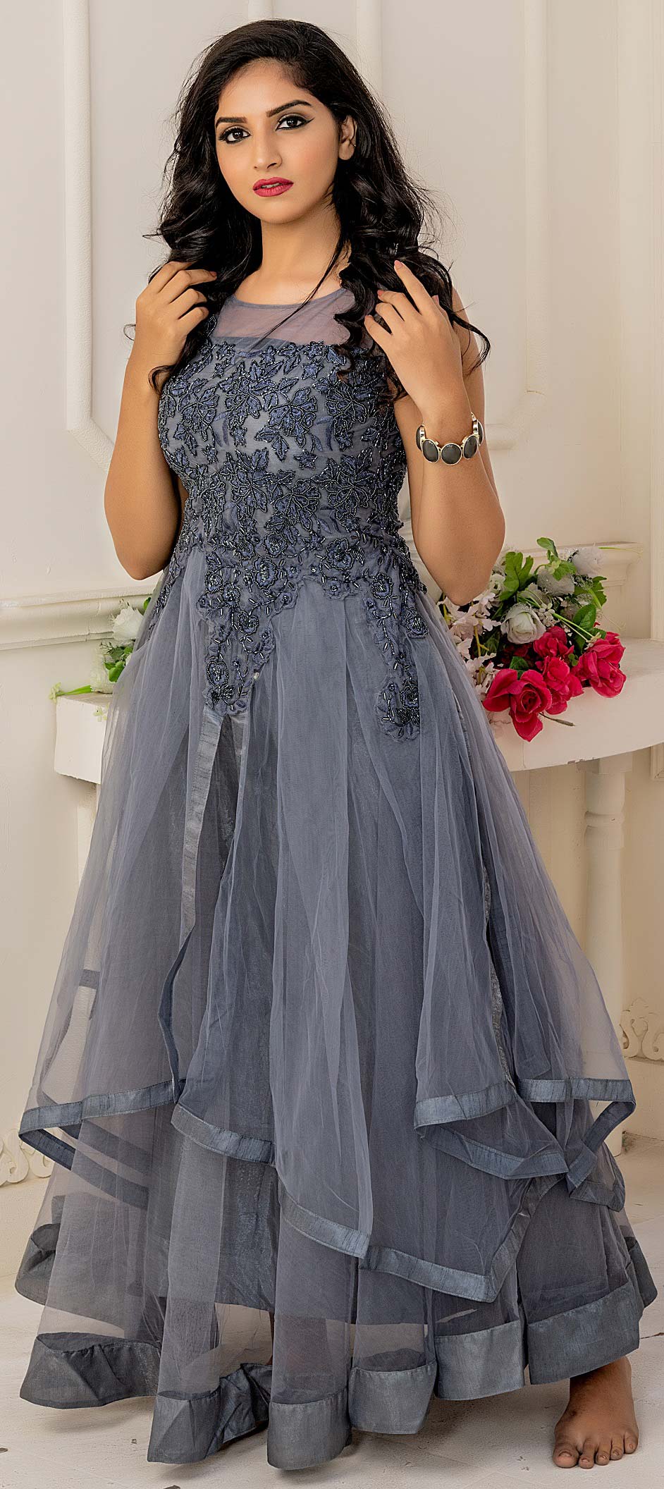 Party Wear Black and Grey color Net fabric Gown : 1602648