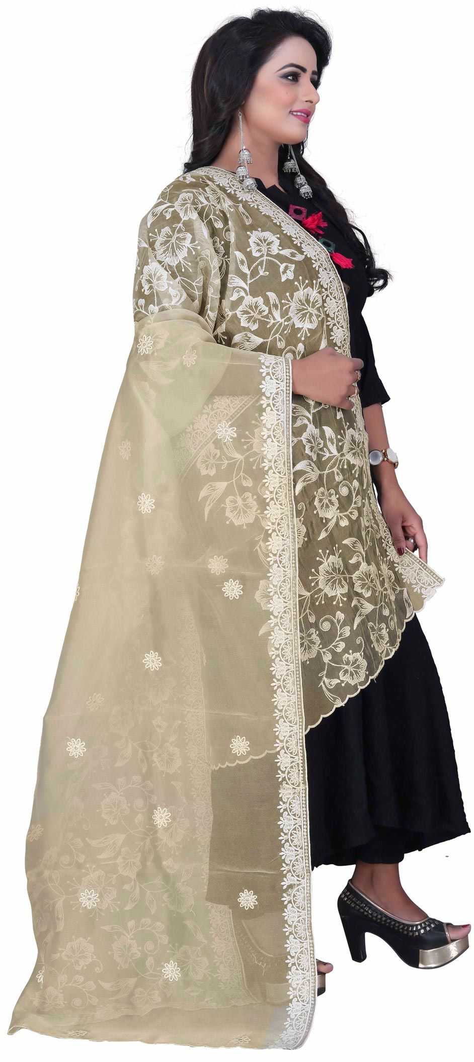 Beige Solid Silk Dress With Dupatta