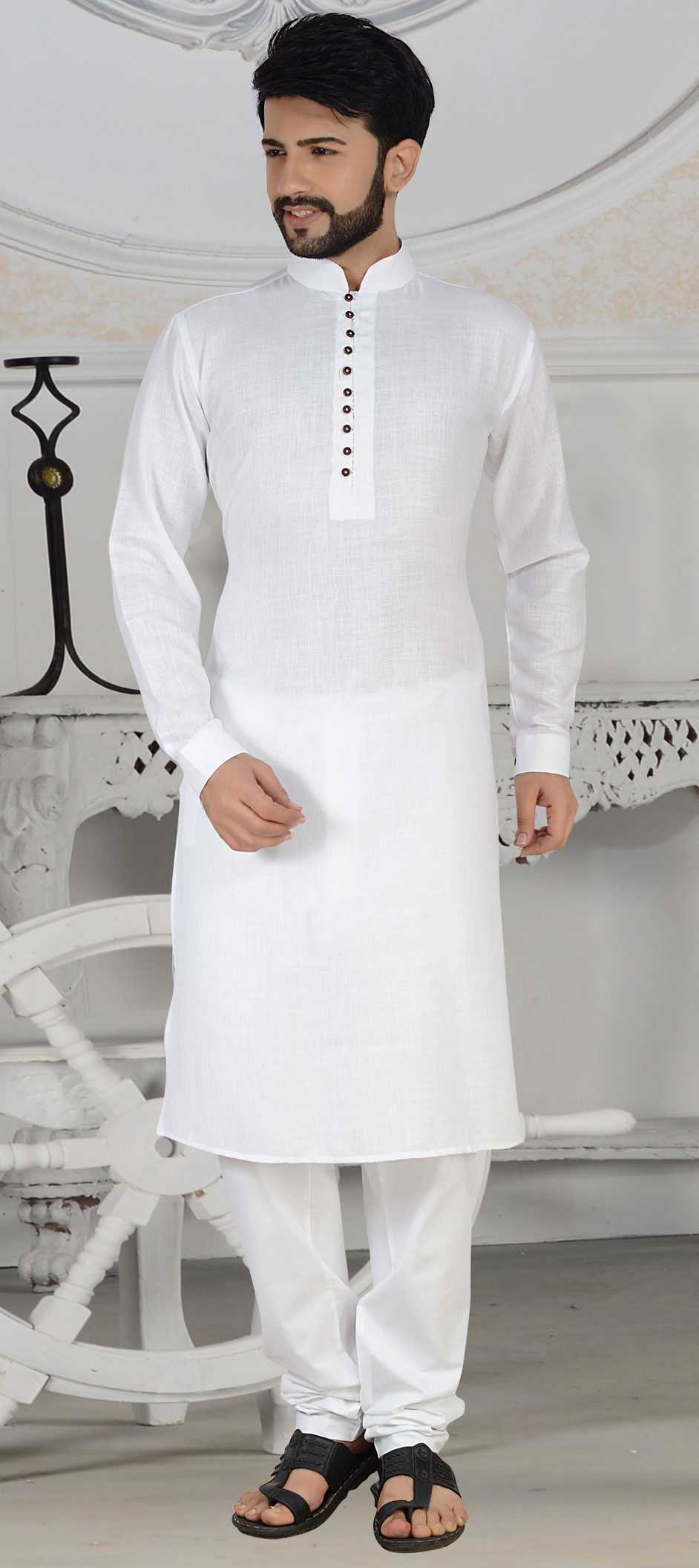 White and Off White color Cotton, Jute fabric Kurta Pyjamas : 1602812