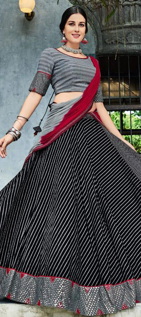 Black Multicoloured Thread & Mirror Embroidered Lehenga – Maharani
