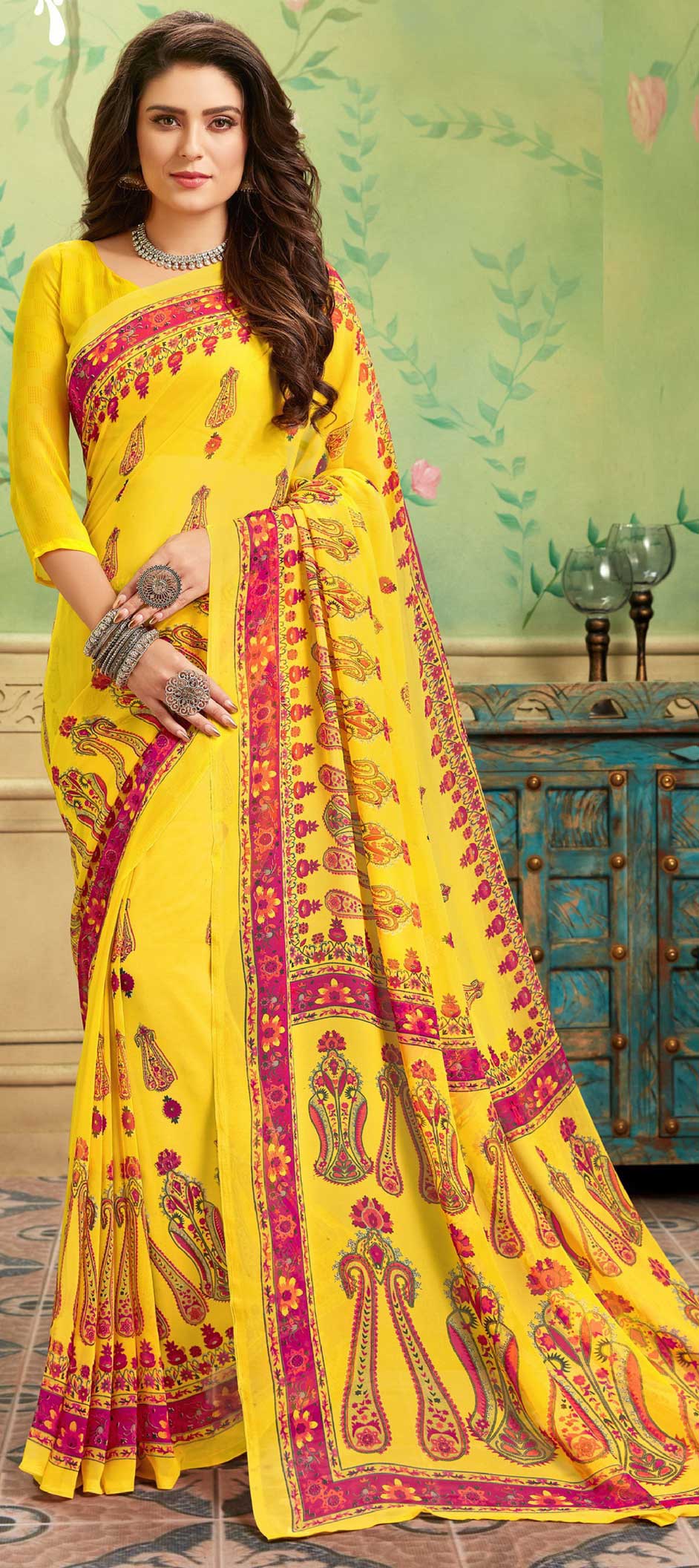 Fancy Look Party Wear Yellow Color Saree