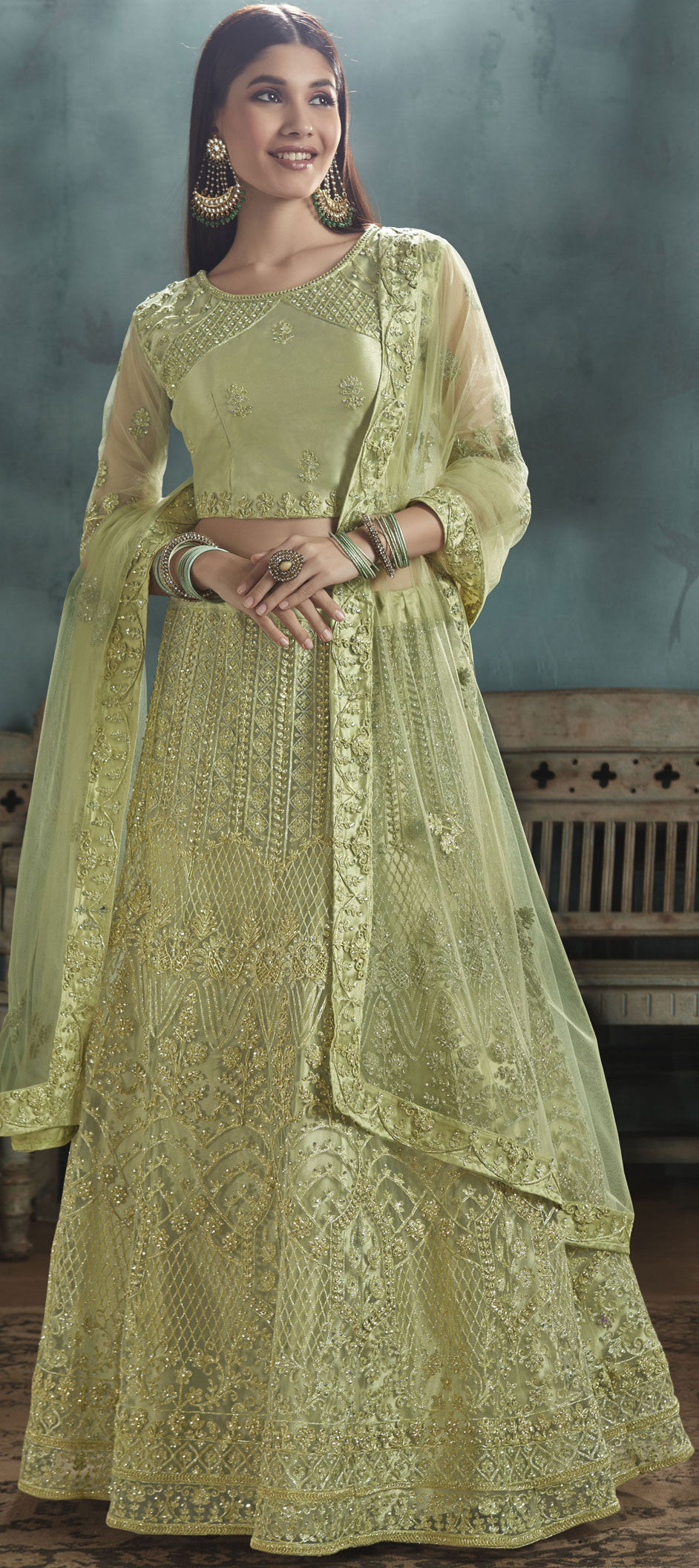 Bridal, Wedding Green color Net fabric Lehenga : 1604245