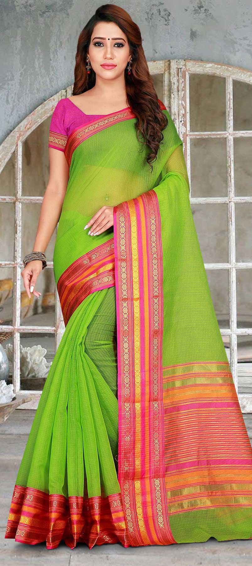 Casual, Traditional Green color Kota Doria Silk, Silk fabric Saree : 1604529