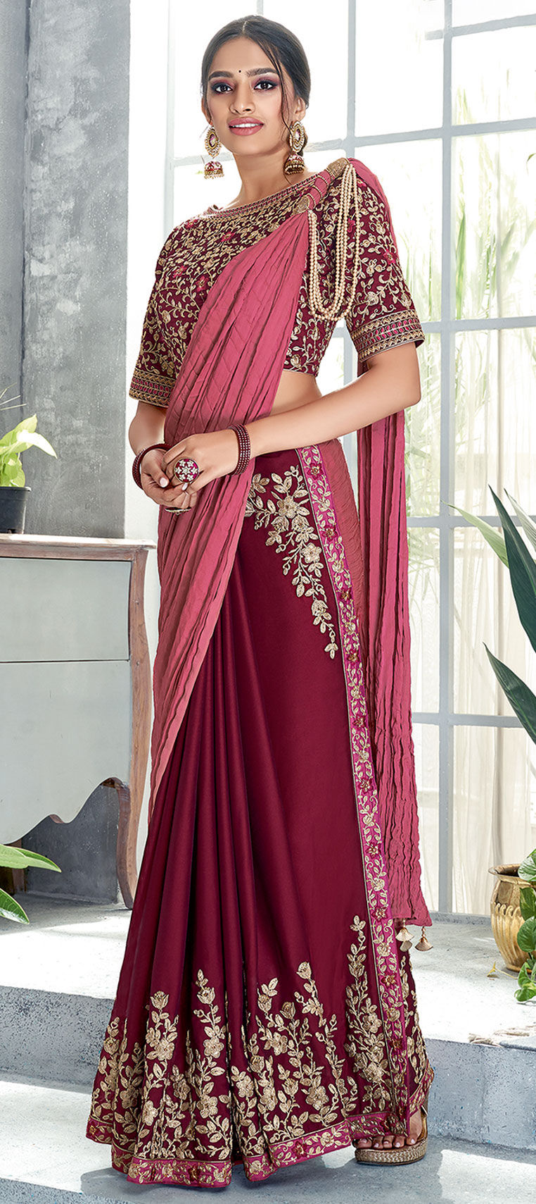 Crushed georgette embroidered saree
