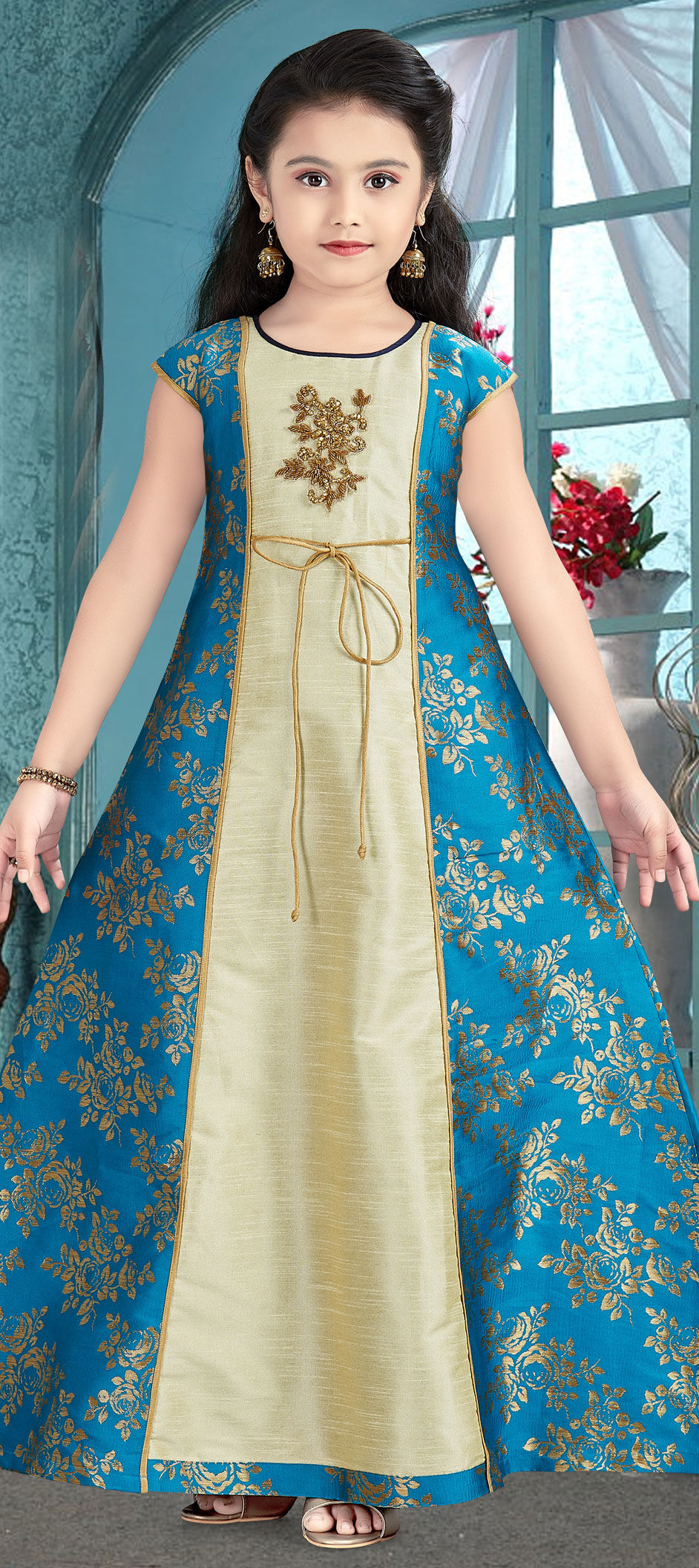 Blue, Gold color Art Silk, Brocade fabric Girls Gown : 1605922 Blue, Gold color Art Silk, Brocade fabric Girls Gown : 1605922