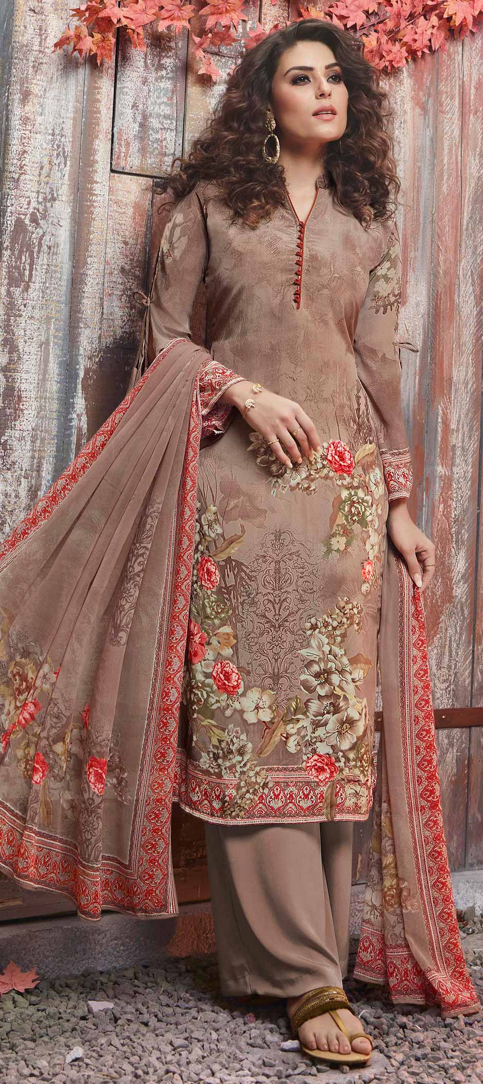 crepe silk dress material Beige color crepe silk printed women unstitched dress material