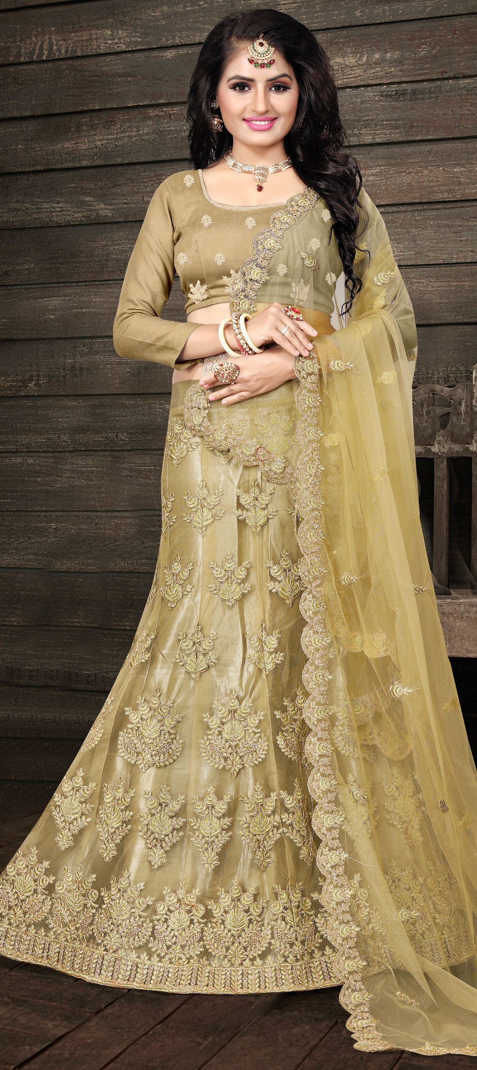 Wedding Gold color Net fabric Lehenga 1606178