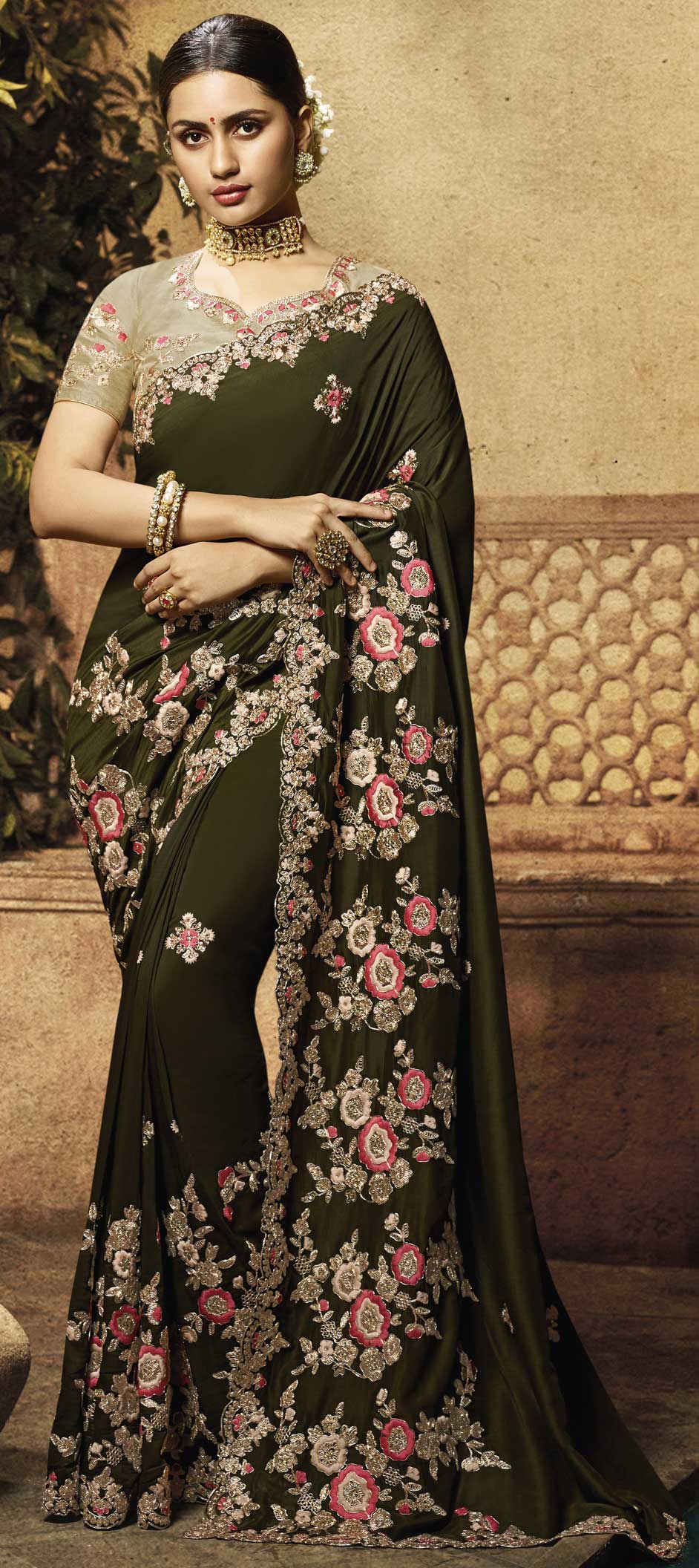 Bridal, Wedding Green color Muslin fabric Saree 1606370