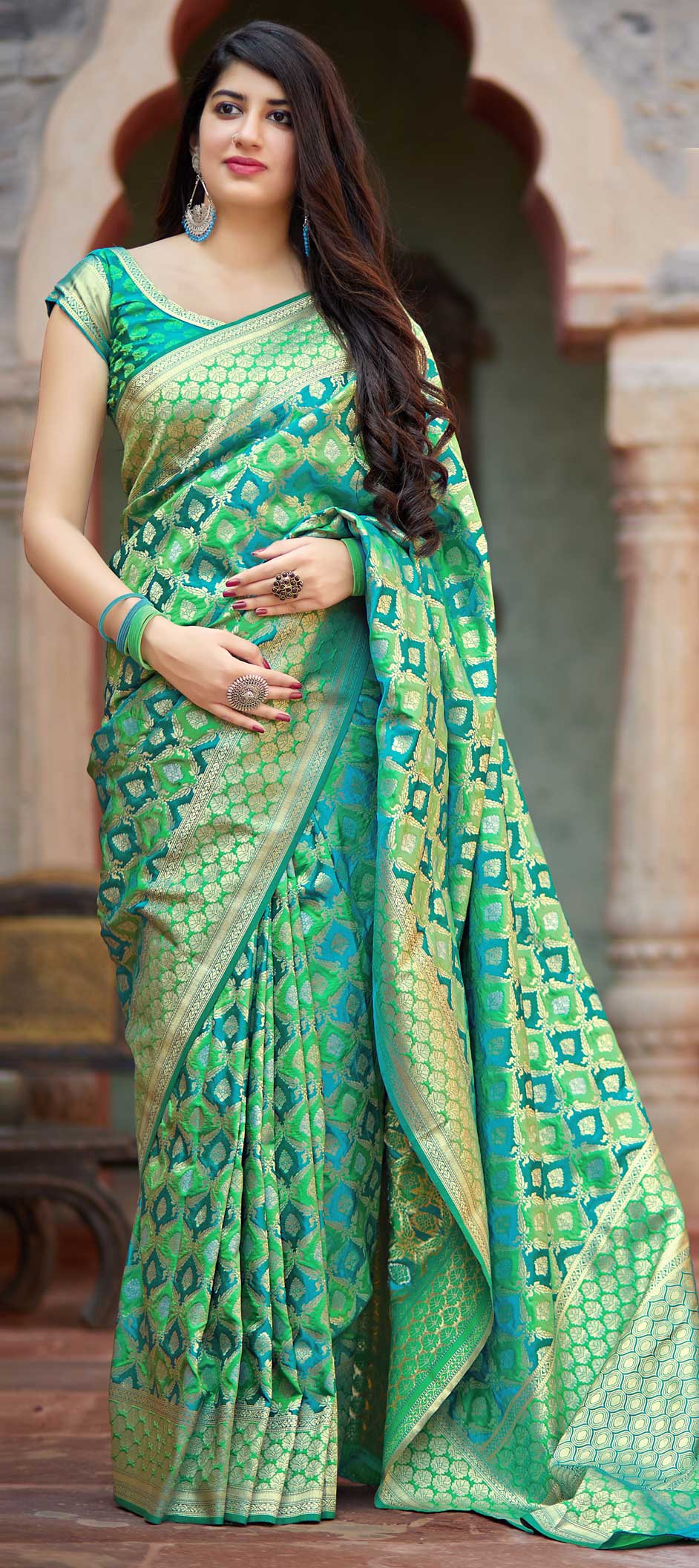 Traditional Blue, Green color Banarasi Silk, Silk fabric Saree 1606402