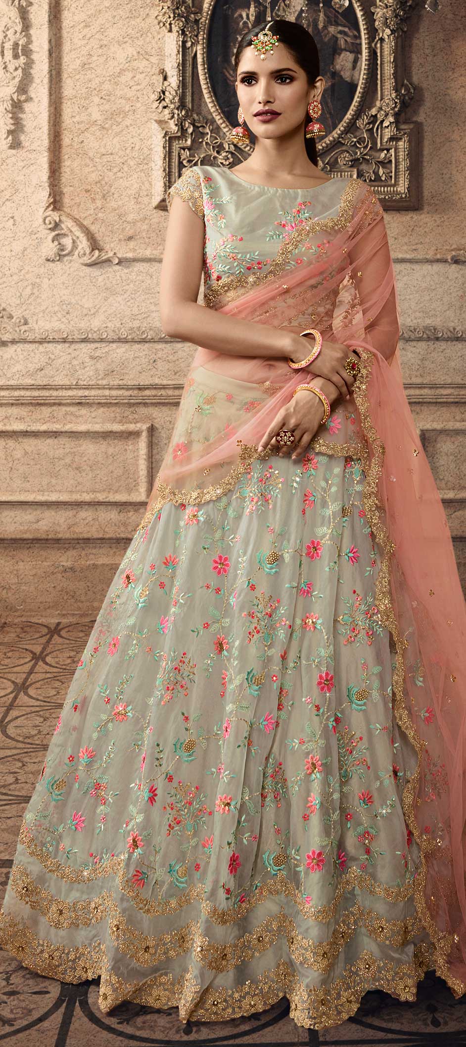 Bridal, Wedding Black and Grey color Tissue fabric Lehenga 1606878