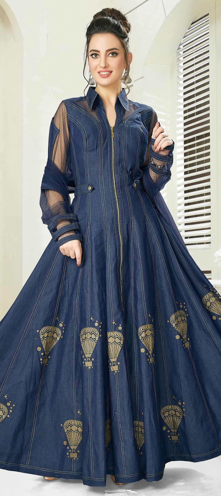 Festive, Reception, Wedding Blue color Denim fabric Gown : 1608030