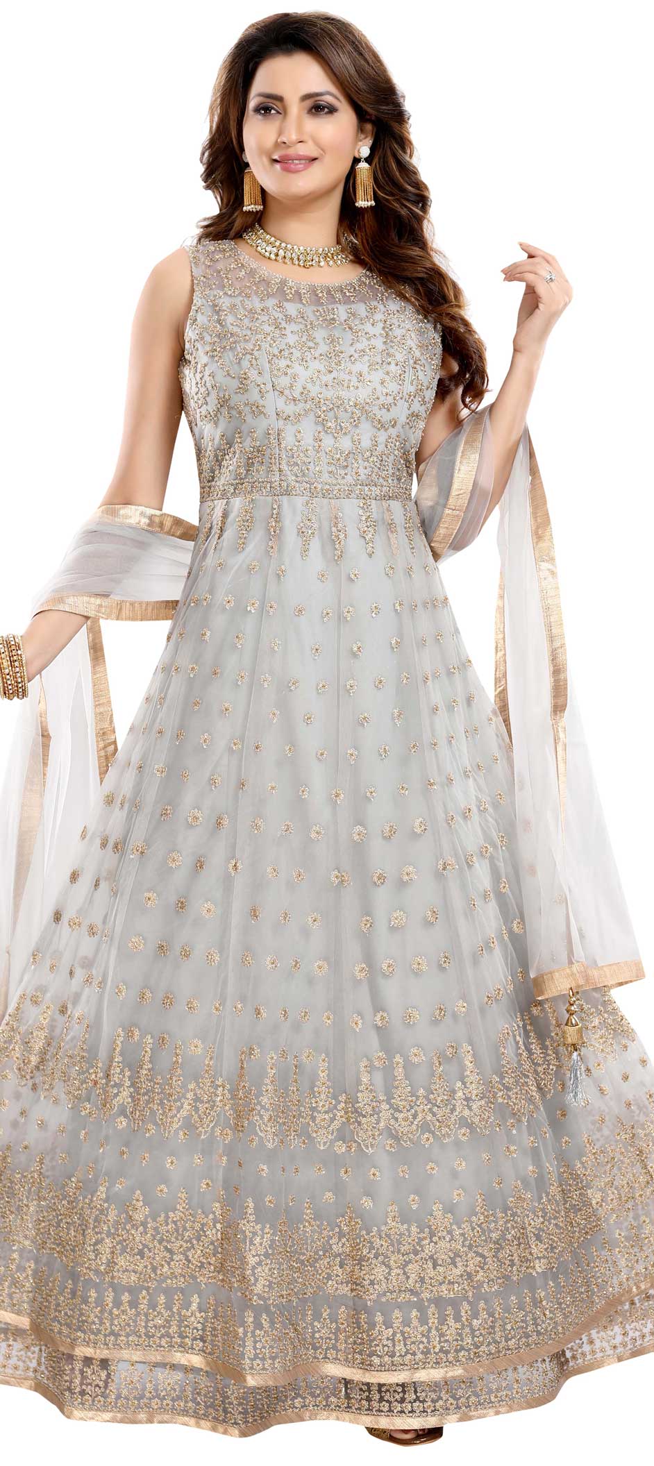 Designer Party Wear Readymade Salwar Kameez Grey Butterfly Net Pant Anarkali main image 1