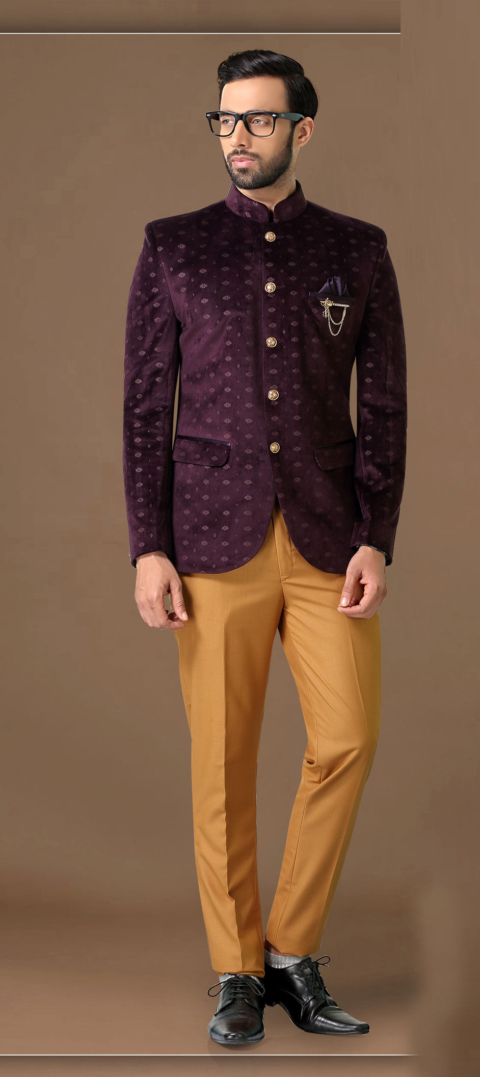 Velvet Jodhpuri Suit in Purple and Violet with Broches work